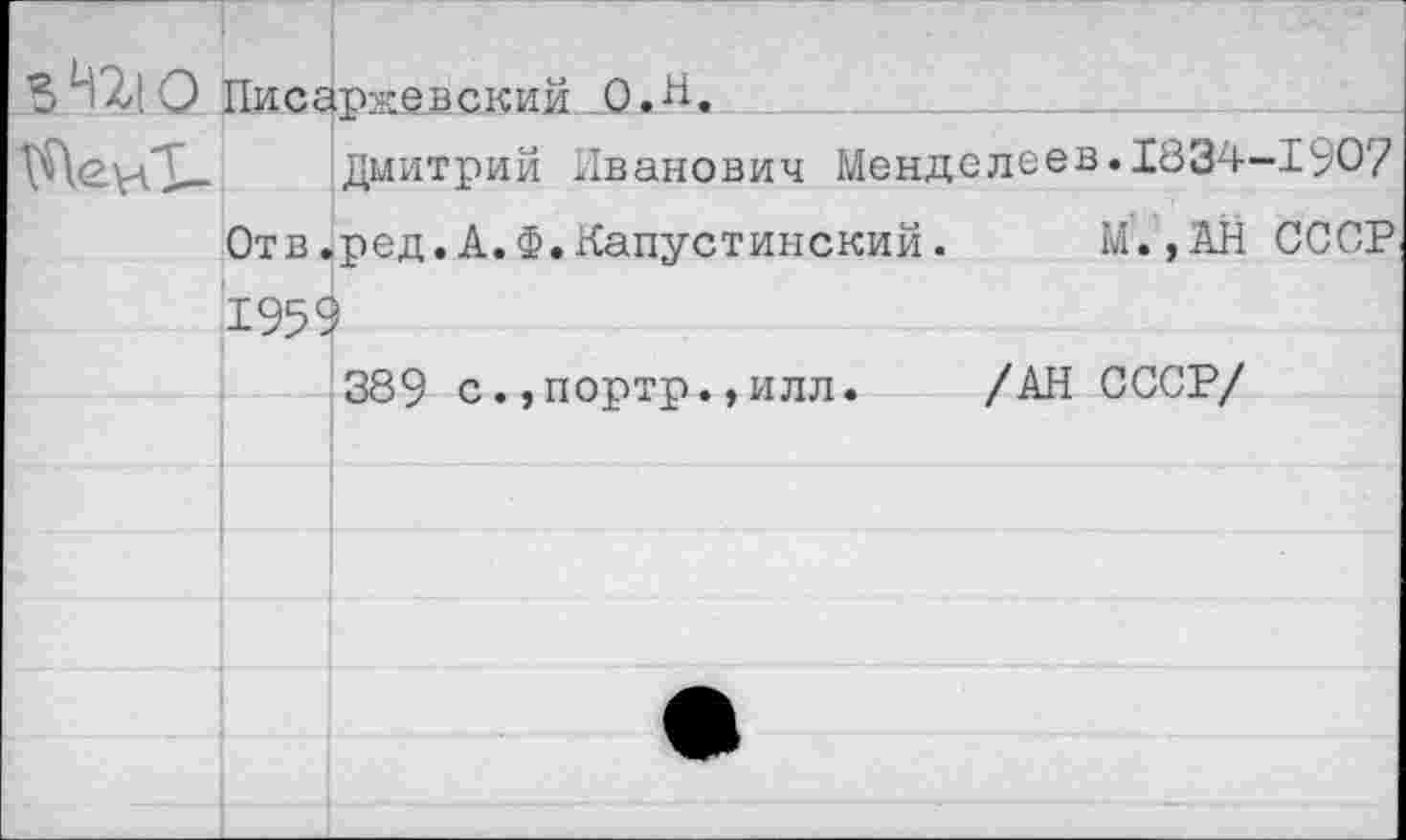 ﻿Писаржевский. О.Н.
		Дмитрий Иванович Менделеев.1834-190/
	Отв.	ред.А.Ф.Капустинский.	М.,АН СССР
	195С	
389 с.,портр.,илл. /АН СССР/